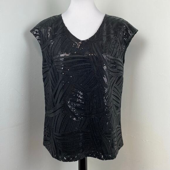 Diana Gallesi Black Sequin V Neck Cap Sleeve Blouse Top Size 8 Made in Italy - Picture 1 of 7